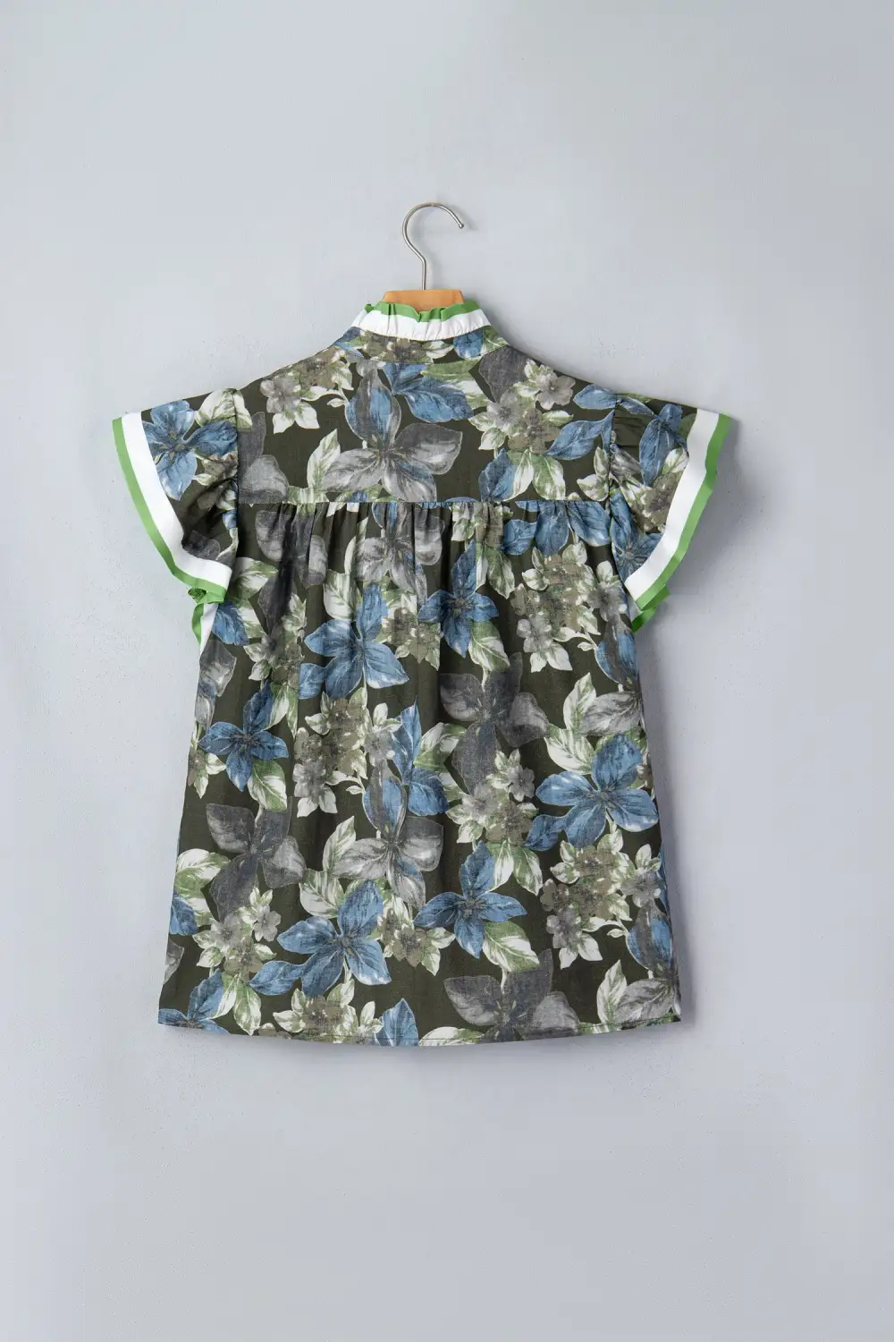 Green Ruffled Short Sleeve Floral Summer Blouse