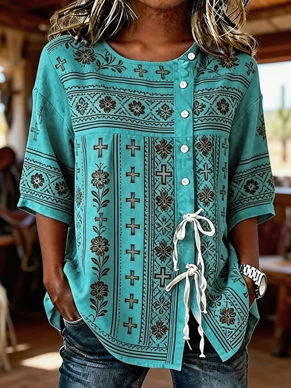 Women's Boho Cross Floral Print Western Tie Waist Button-Down Blouse