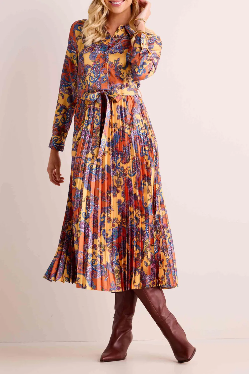 Multicolored Pleated Tie-Waist Maxi Dress