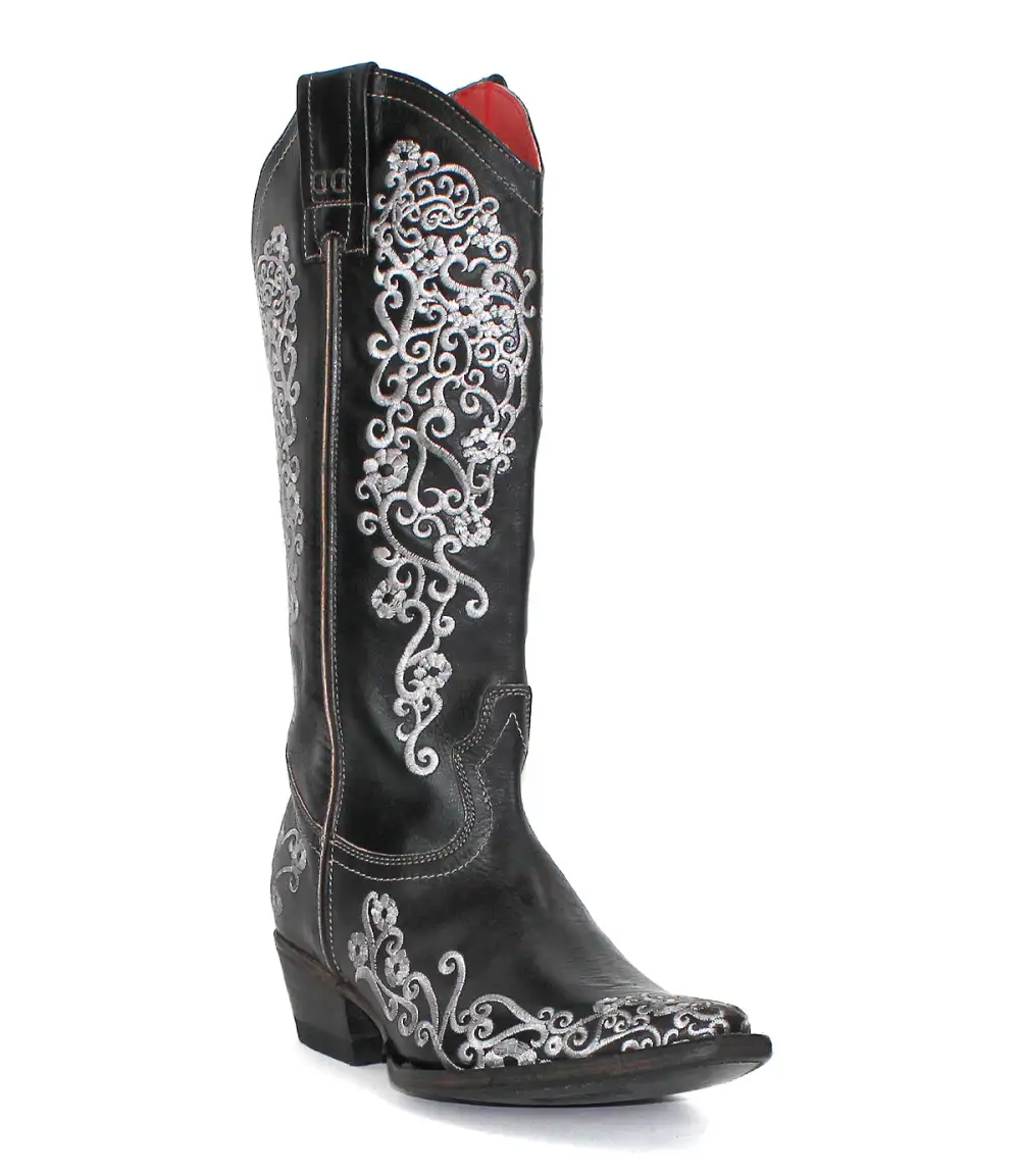 Floral-Stitched Slip-On Western Boots