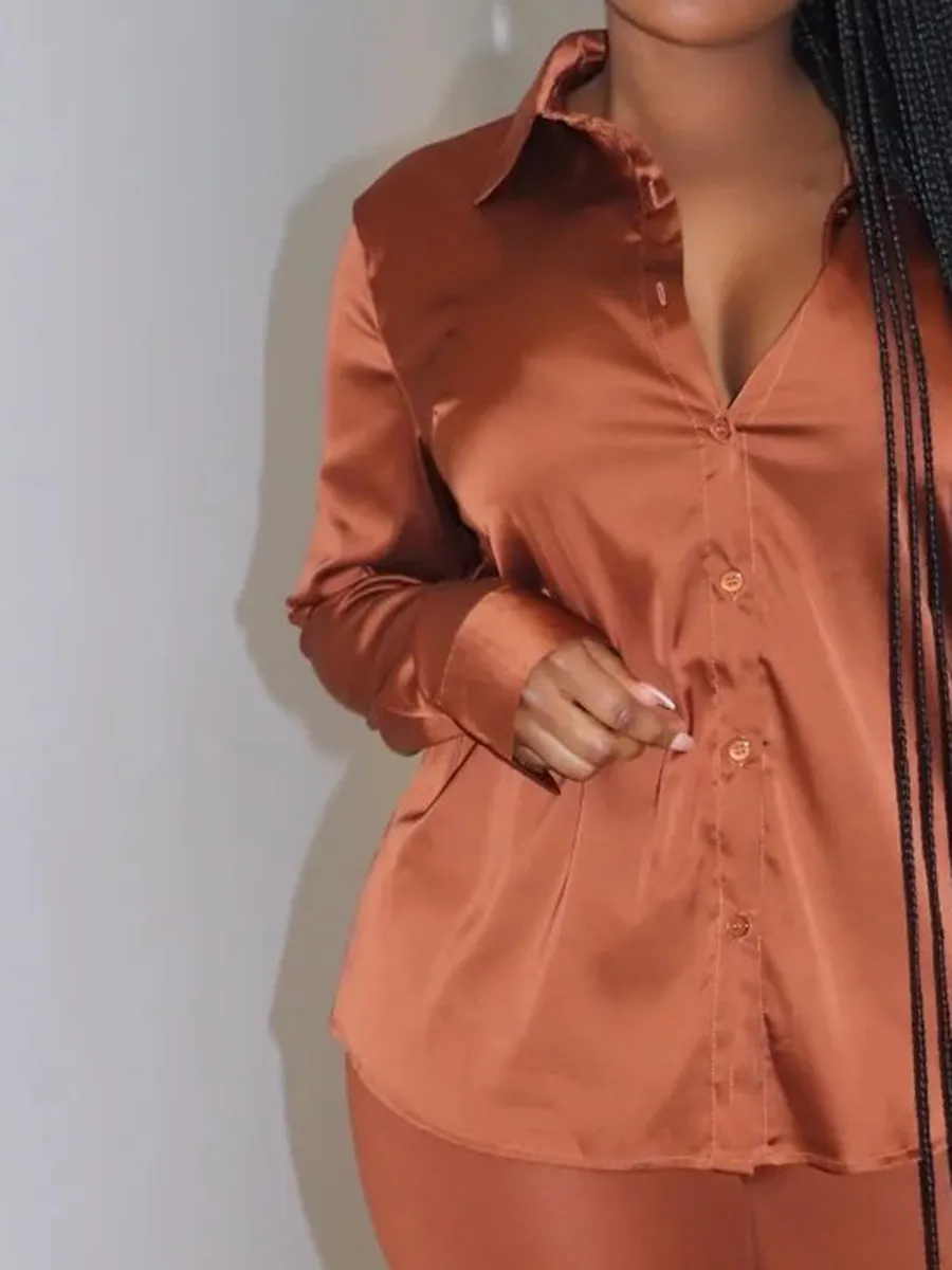 Chocolate Brown Satin Shirt Pants Set
