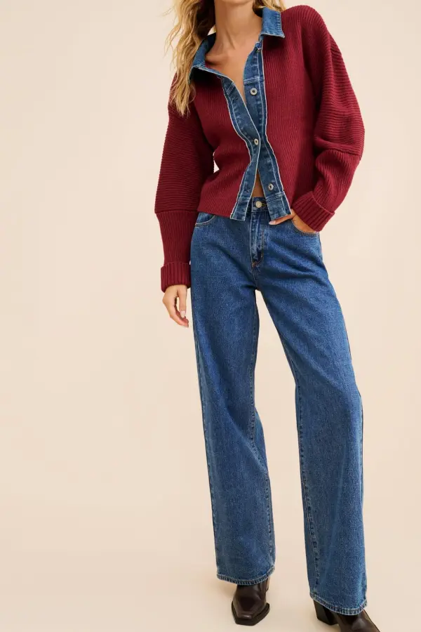 Denim Patchwork Faux Two-Piece Sweater