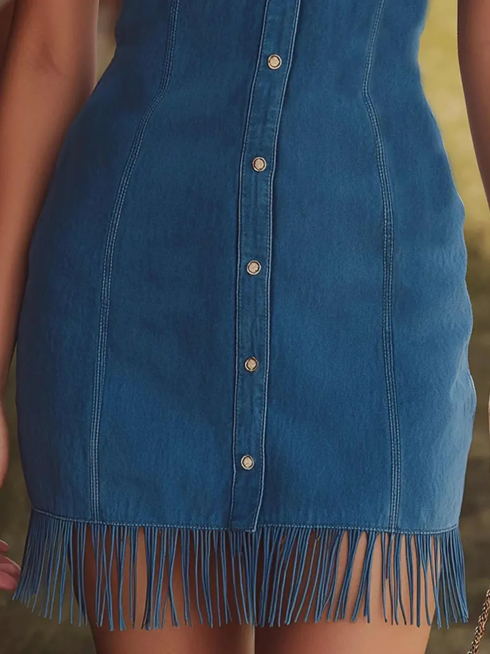 Western-Style Faux Suede Blue Button-Up Short-Sleeved With Fringe Details Mini Dress