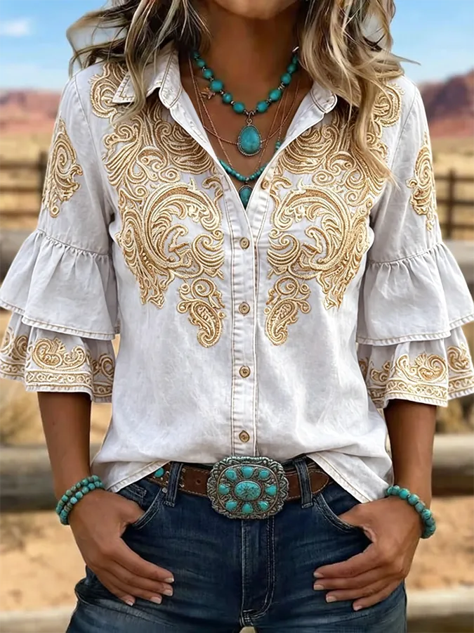 Women's Vintage Floral Print Casual Ruffle Lapel Shirt