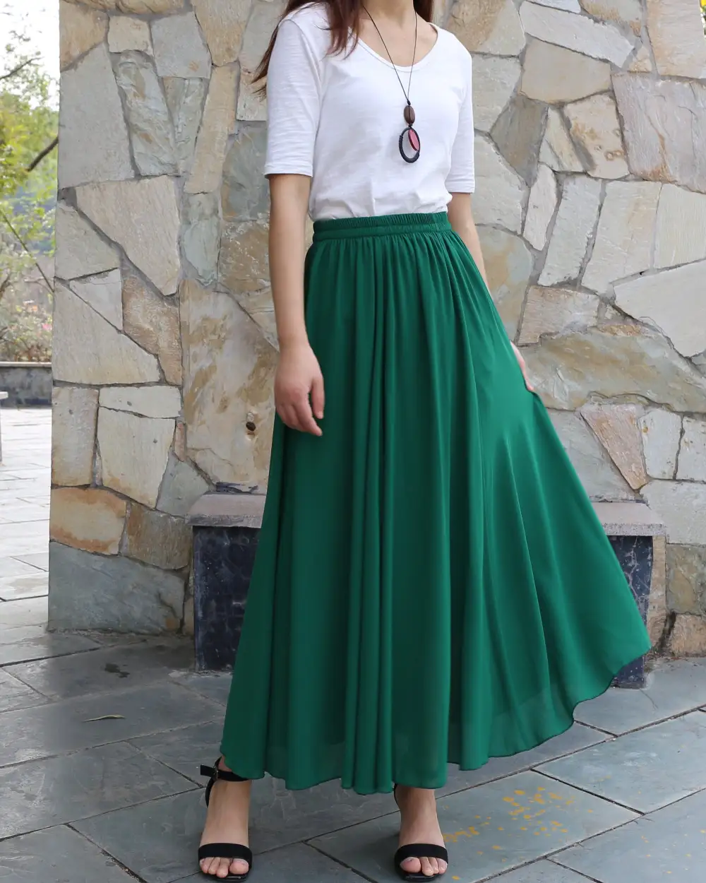Airy Elastic Waist Chiffon A Line Maxi Skirt