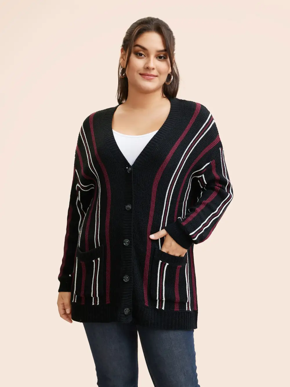 Striped Patched Pocket Drop Shoulder Cardigan