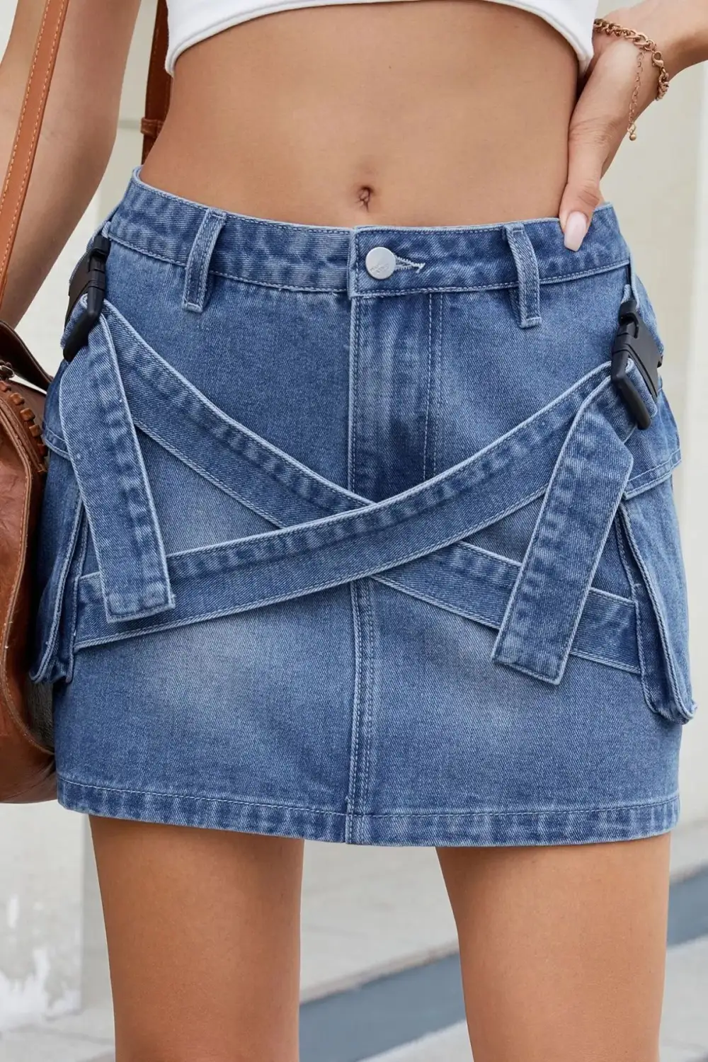 Criss Waist Detail Denim Skirt