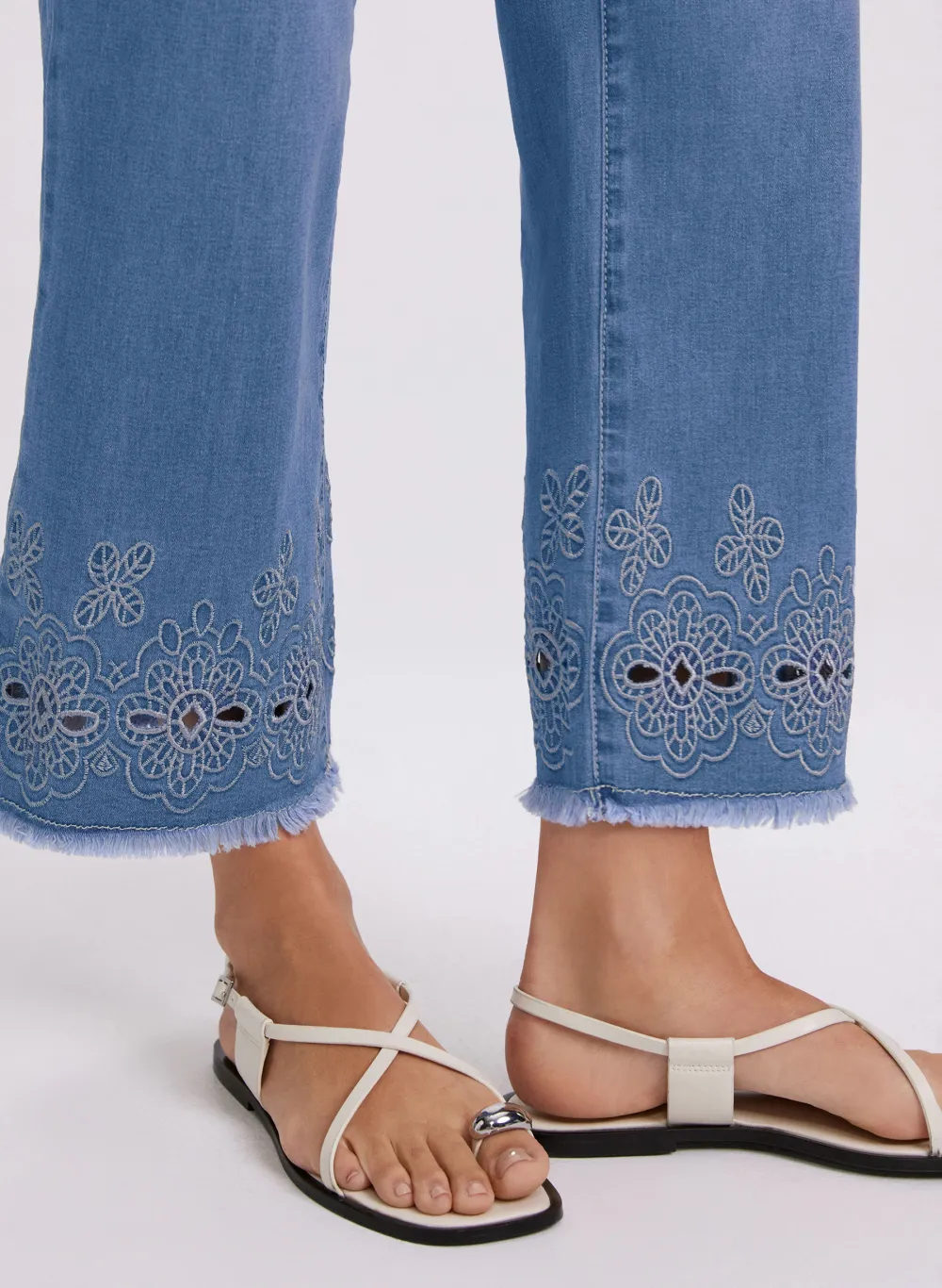 Embroidered Floral Denim Wide-Leg Pants