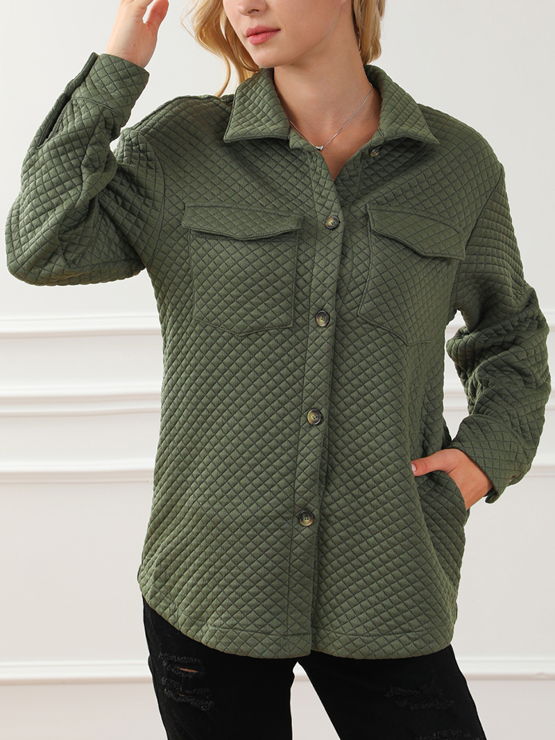 Green Retro Quilted Flap Pocket Button Shacket