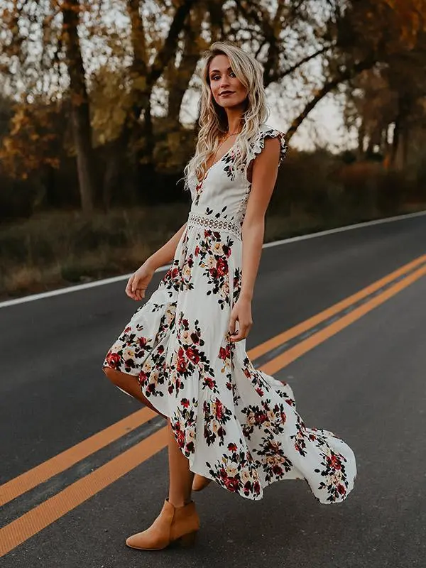 Bohemian Blossom Floral Open Back Boho Maxi Dress