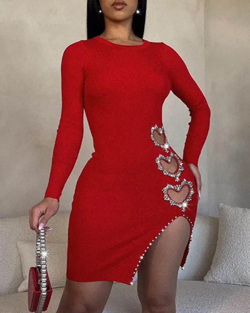 Hollow Heart Rhinestone Slit Bodycon Dress