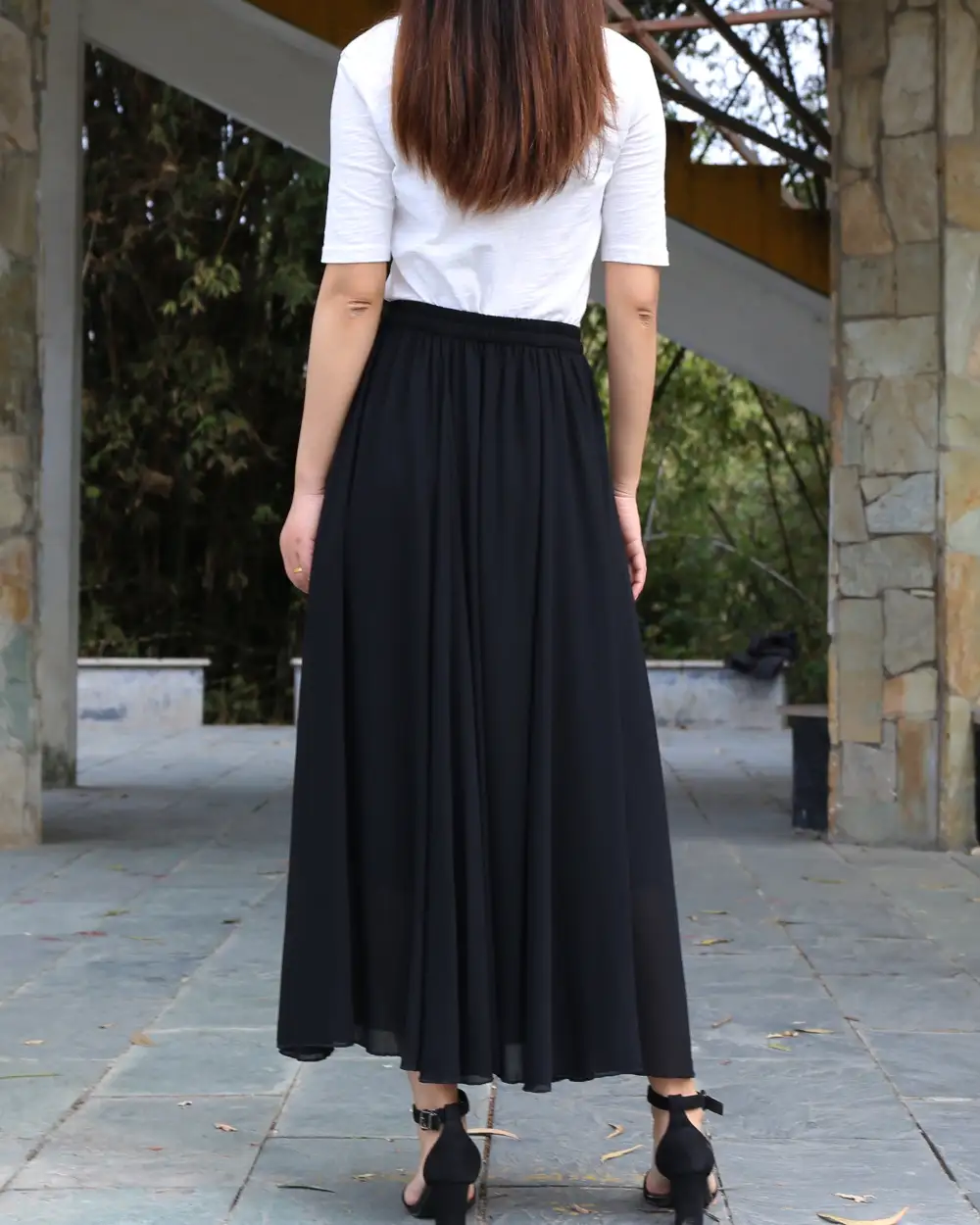 Airy Elastic Waist Chiffon A Line Maxi Skirt
