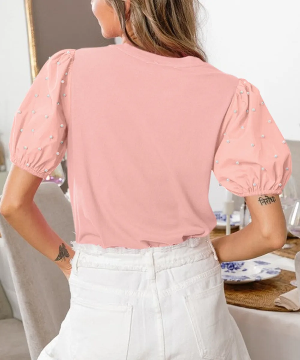 Light Pink Ribbed Pearl Beaded Puff Sleeve Top