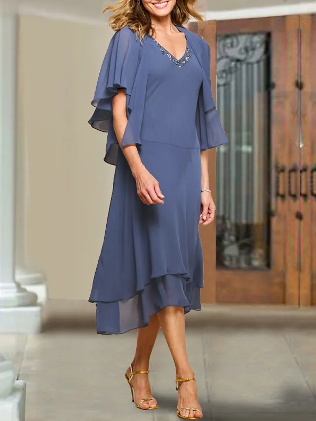 Two Piece A-Line Mother of the Bride Dress Wedding Guest Elegant Plus Size V Neck Tea Length Chiffon Short Sleeve Wrap Included Short Jacket Dresses with Beading Ruffles 2024