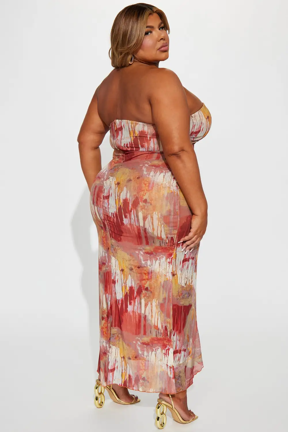 Katrina Ruffle Mesh Maxi Dress - Rust/combo