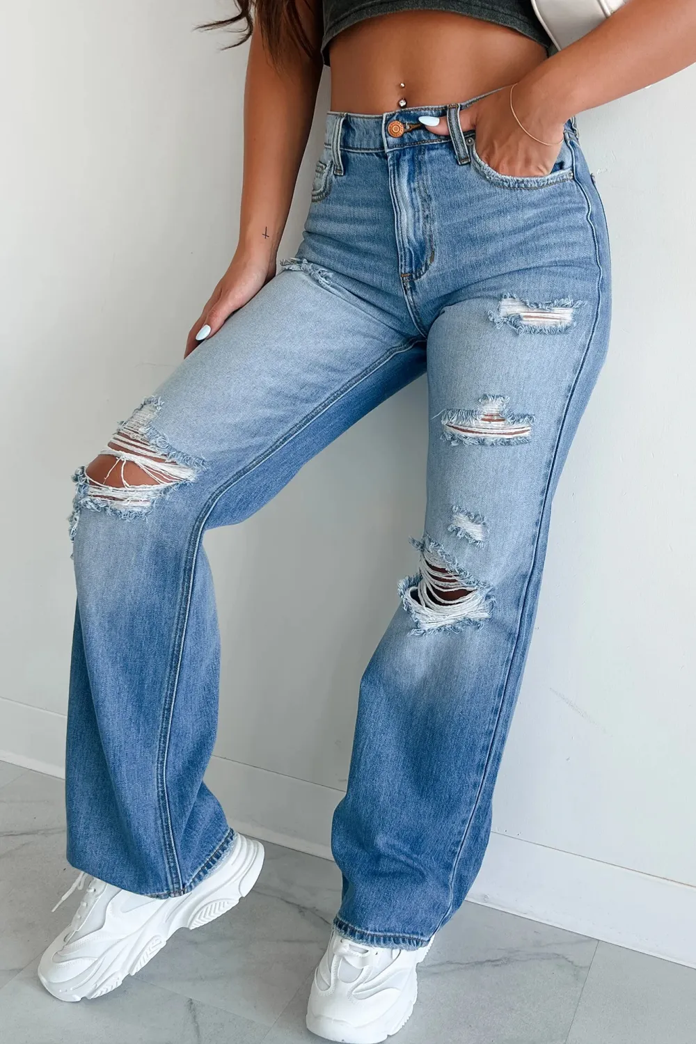Mid-Rise Distressed Sneak Peek Straight Leg Jeans