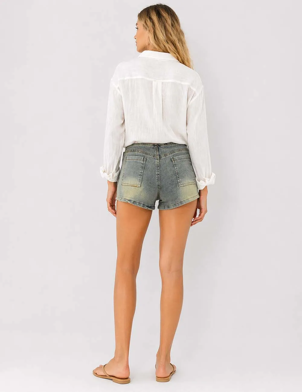 Metal Eyelet Belt Wrap Denim Mini Shorts