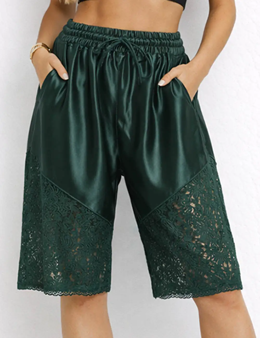 Lace Panel Drawstring Wide Leg Shorts
