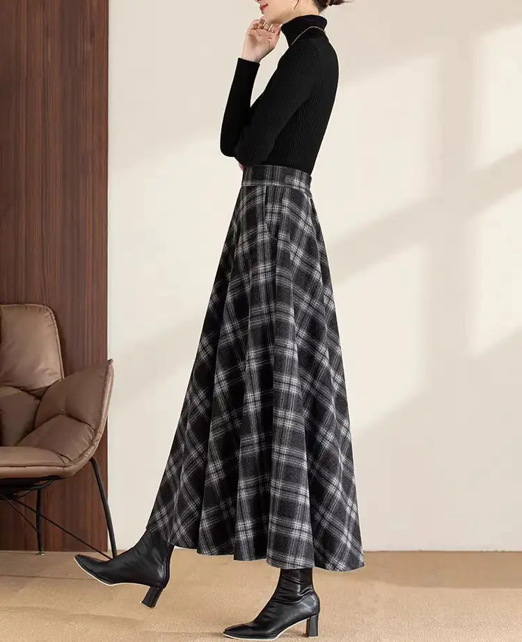 Relaxed Plaid Wool A Line Maxi Skirt