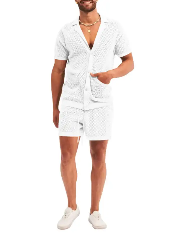 Knit Lapel Collar Short Sleeve Shorts