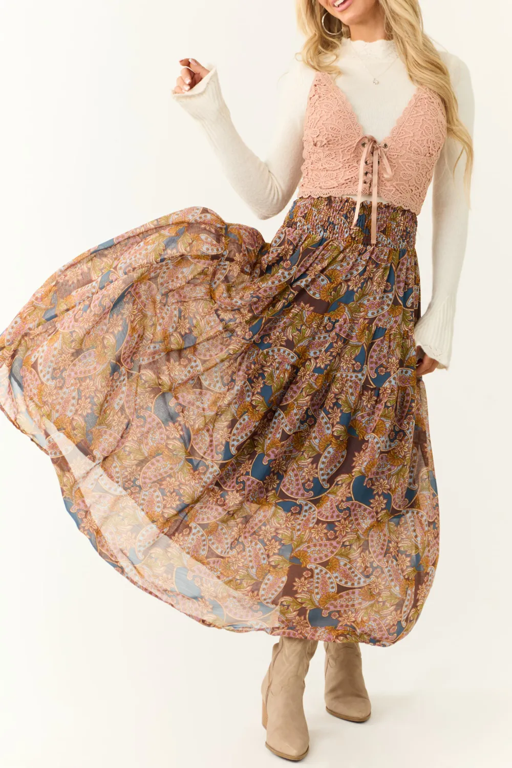 Steel Blue Abstract Floral Print Maxi Skirt