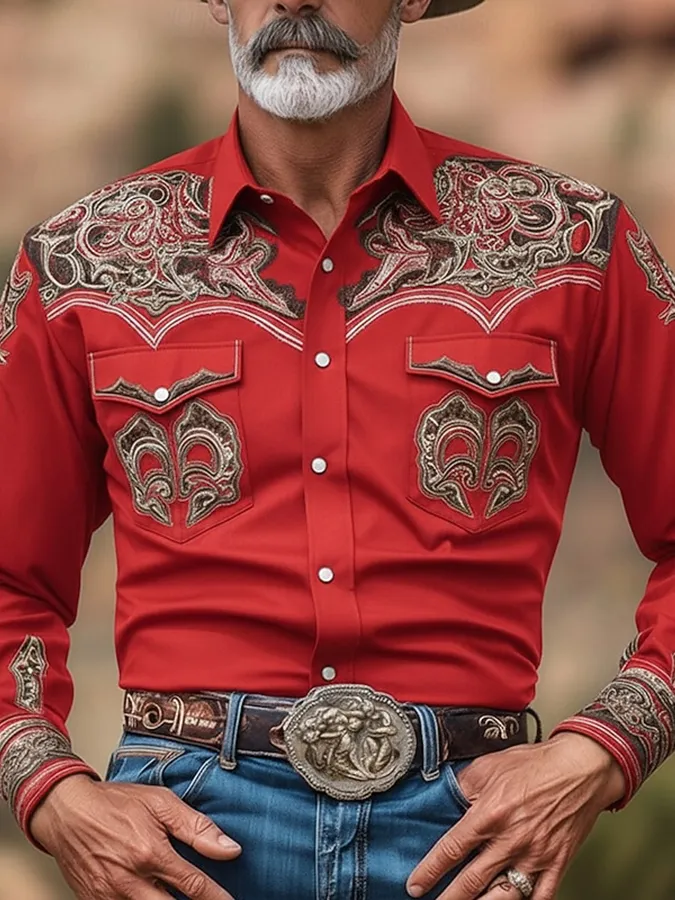 Men's Western Paisley Embroidered Red Long Sleeve Shirt