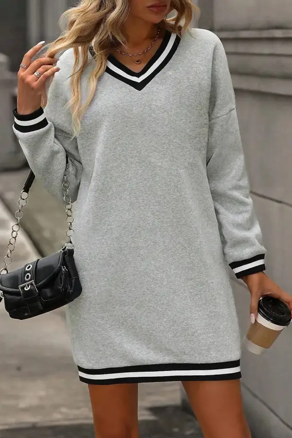 Light Striped Trim V Neck Long Sleeve Preppy T Shirt Dress