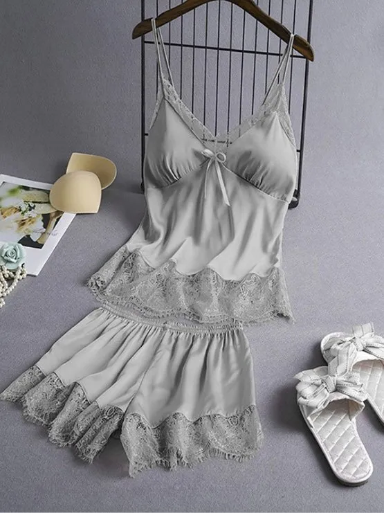 Casual Lace Plain Loose Pajama Set