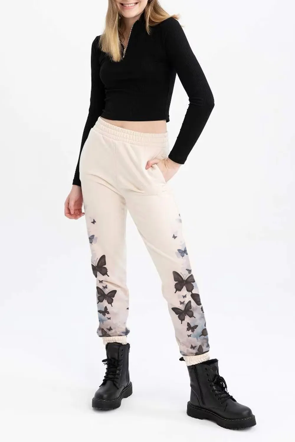 Elastic Waist Butterfly Print Joggers