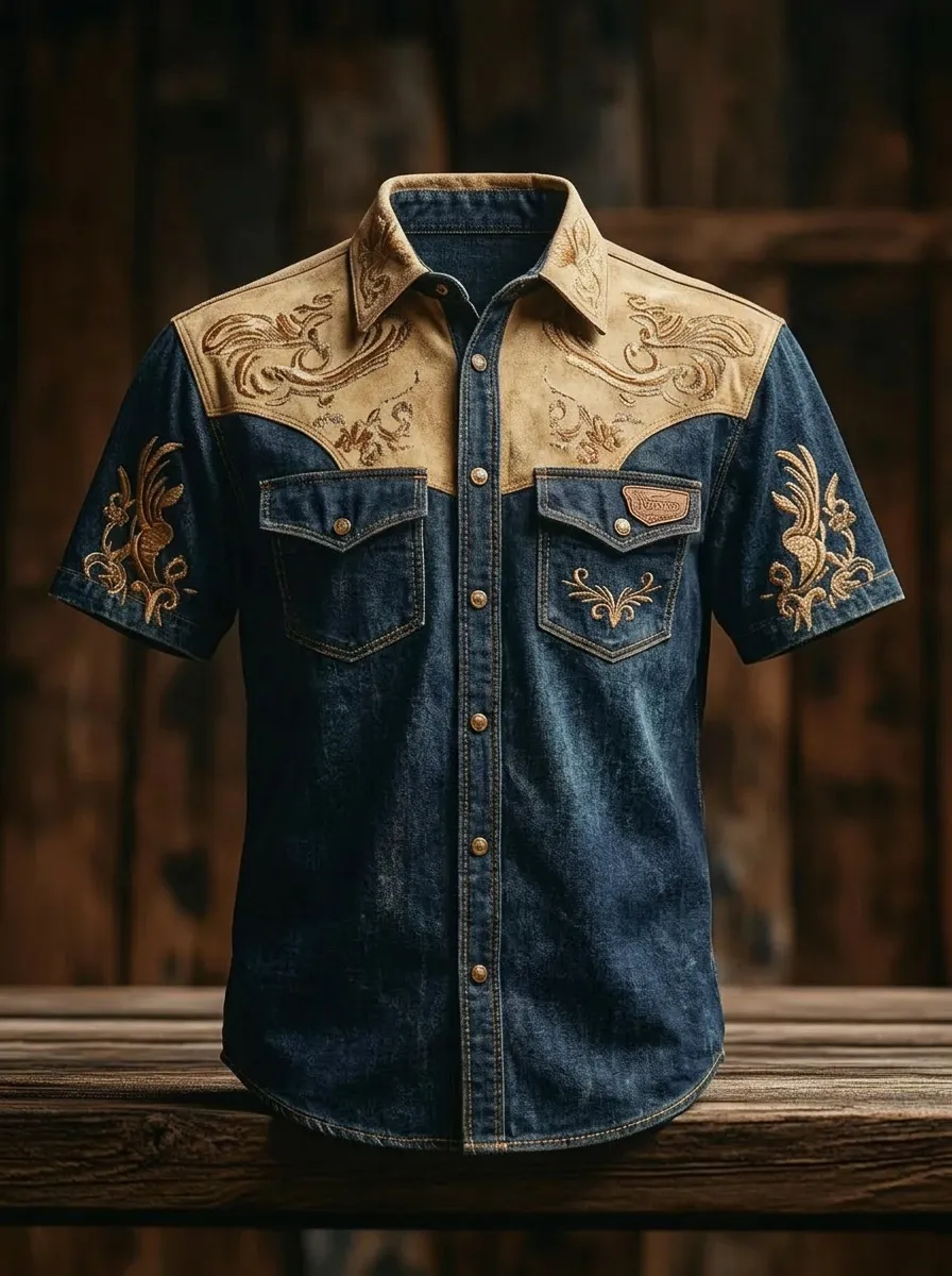 Men's Western Cowboy Floral Embroidery Suede Patch Denim Shirt