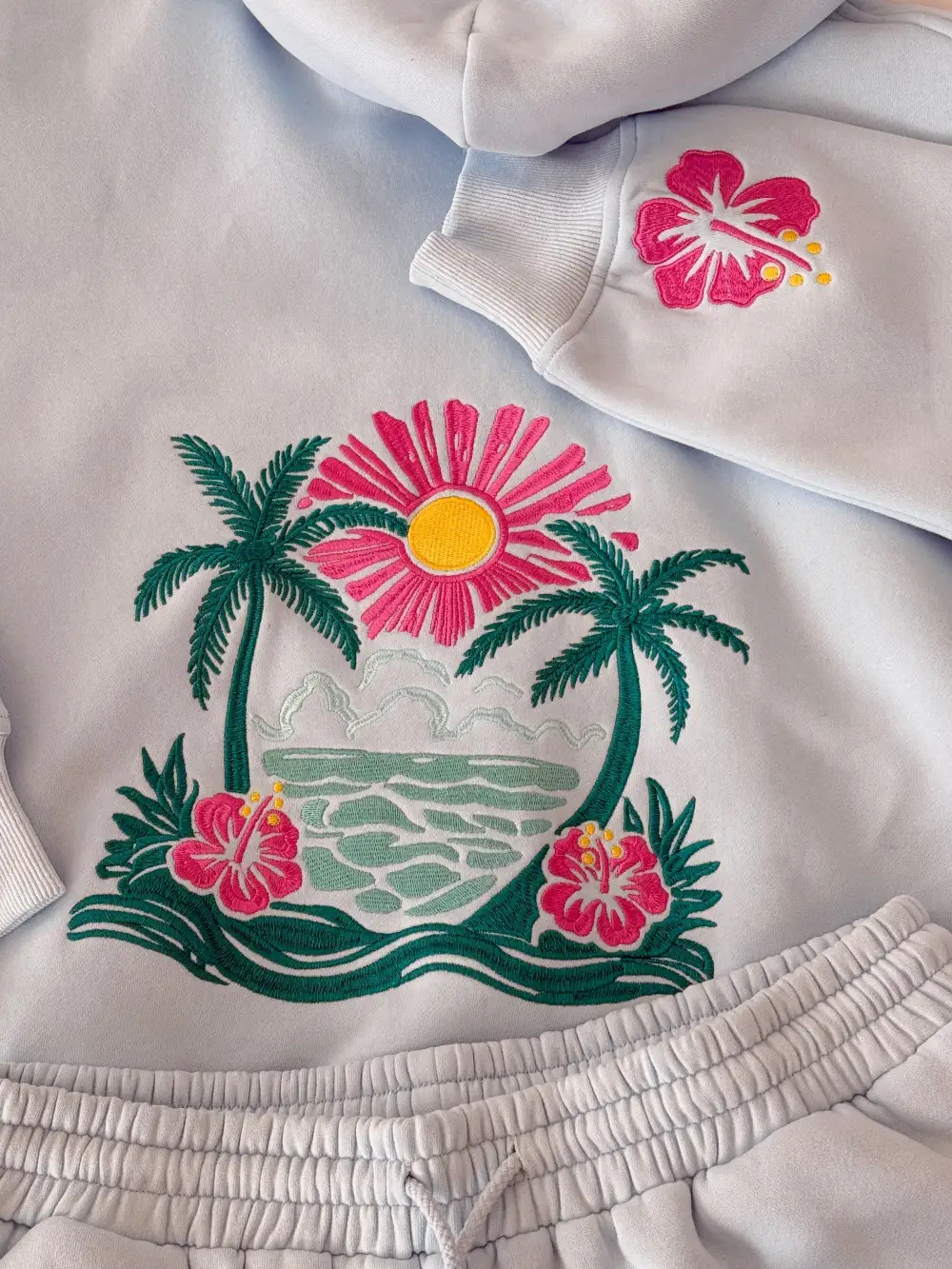 Icy Hibiscus Flower Beach Babe Embroider Hoodie