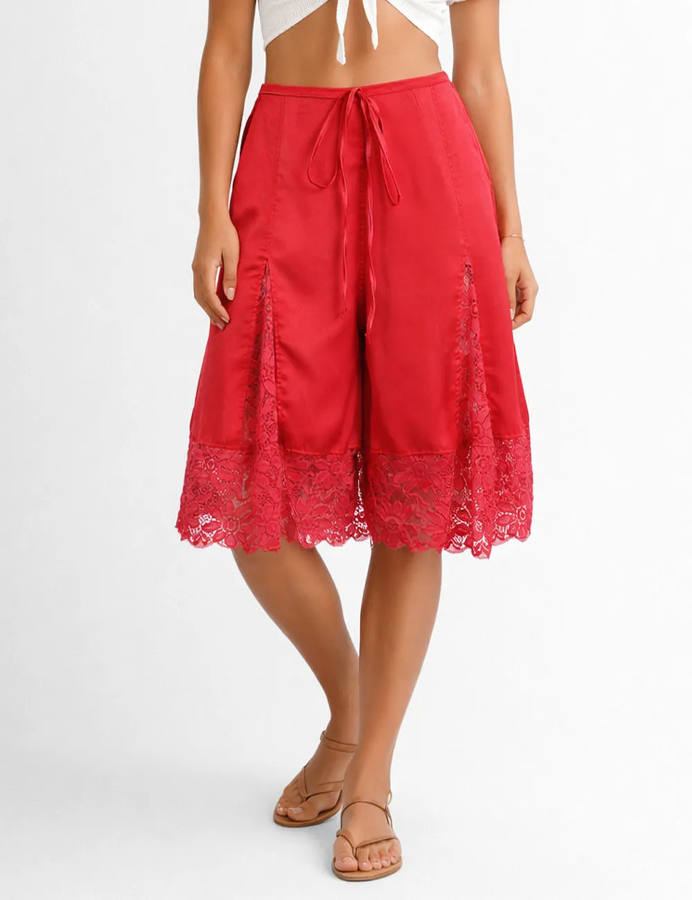 Boho Lace Hem Drawstring Waist Wide Leg Shorts