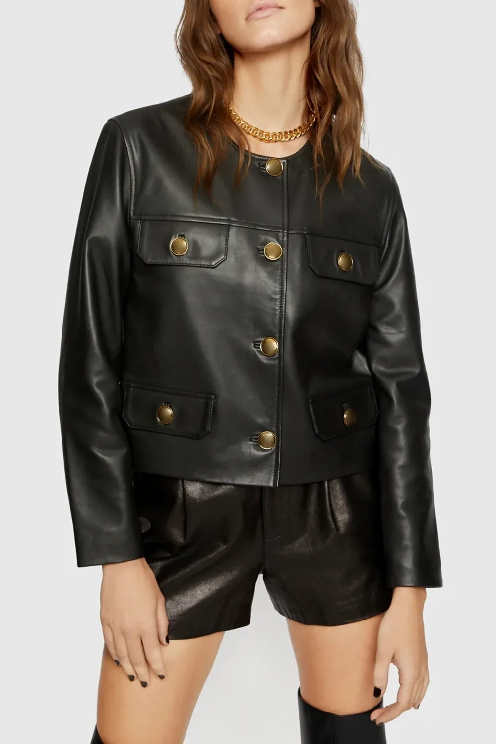 Women'S Stylish Crew-Neck Leather Jacket