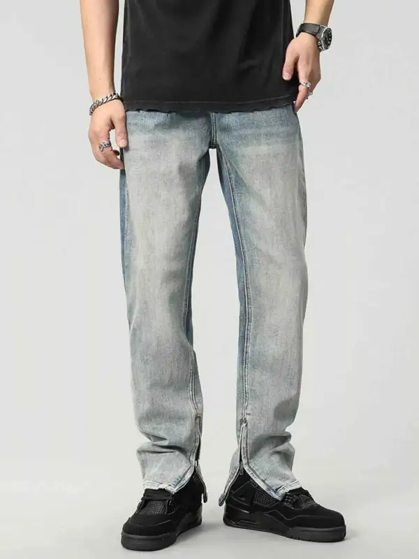 Zip Detail Washed Straight Leg Jeans