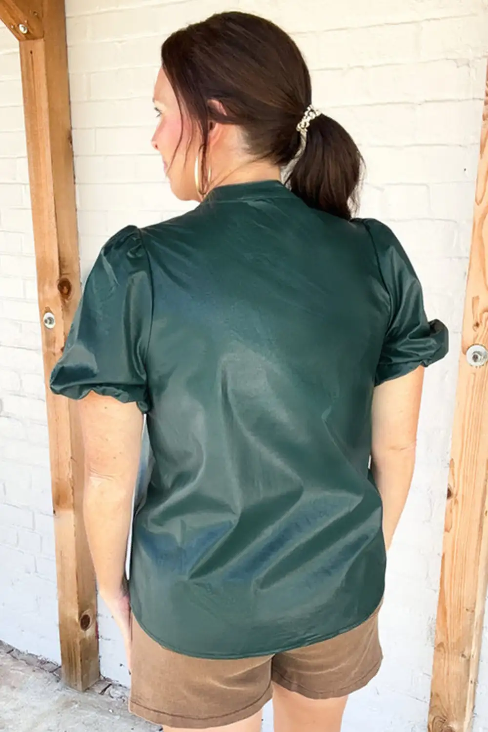 V-Neck Notched Neck Puff Sleeve Blouse