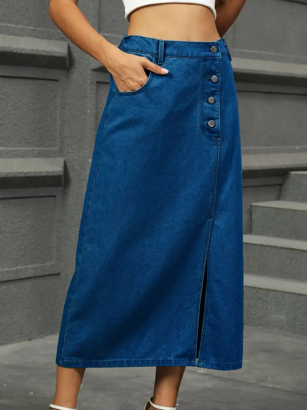 Slit Button Detail Denim Skirt