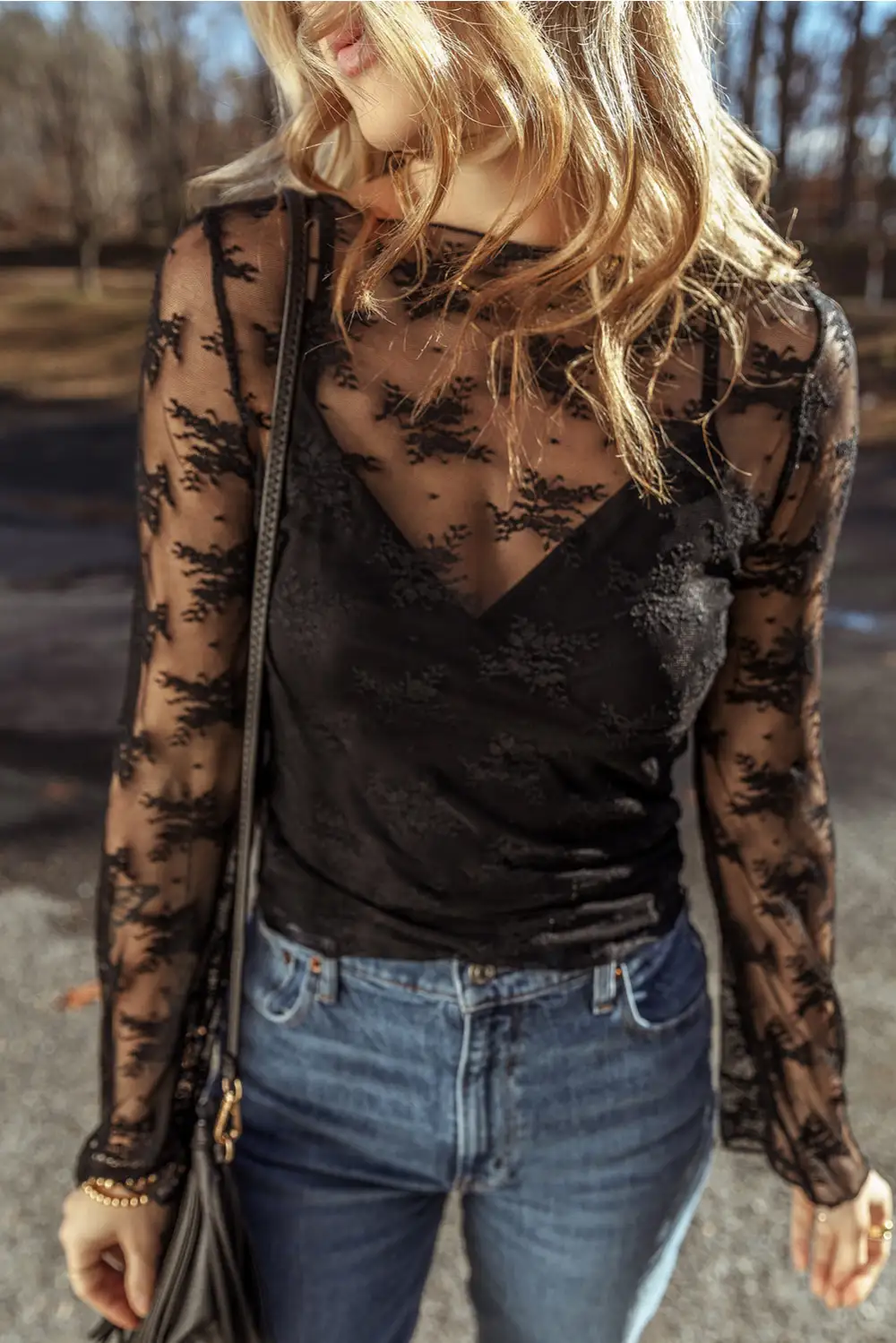 Lace Trim Mesh Long Sleeve Blouse