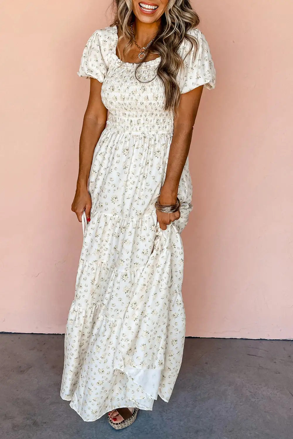 White Shirred Bodice Tiered Floral Maxi Dress