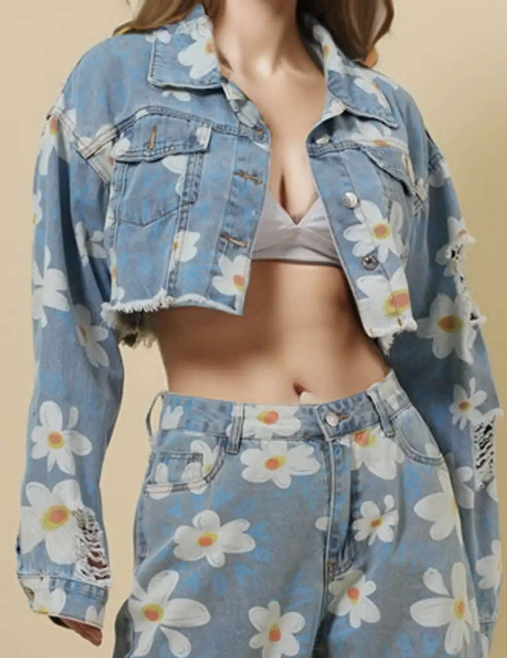 Turndown Neck Long Sleeve Denim Jacket