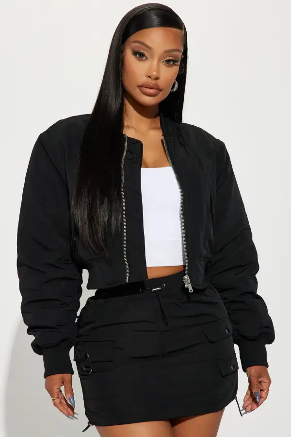 Got To Get Away Bomber Skirt Set - Black