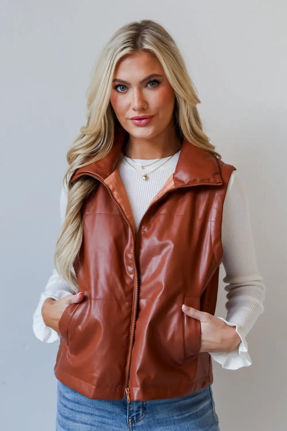 FINAL SALE - Coolest Demeanor Camel Leather Puffer Vest