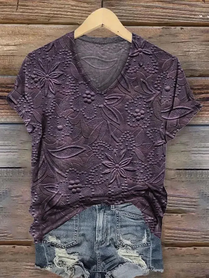 Women'S Retro Ethnic Western Printed V-Neck T-Shirt