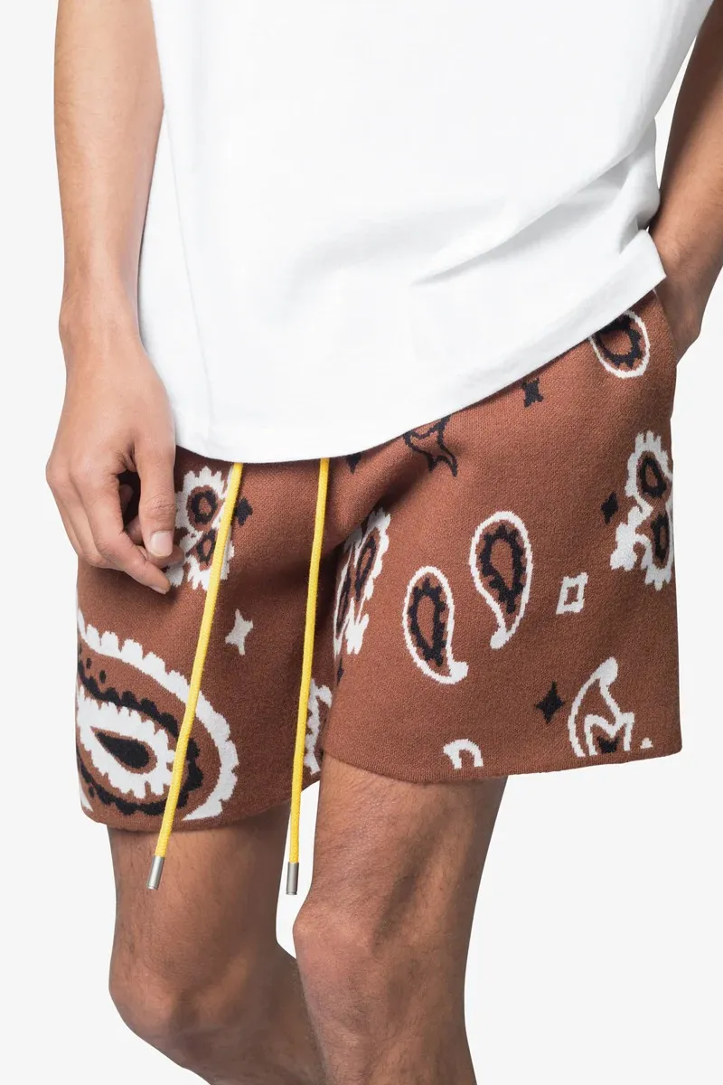 BROWN BANDANA PRINTED ELASTIC WAIST SHORTS