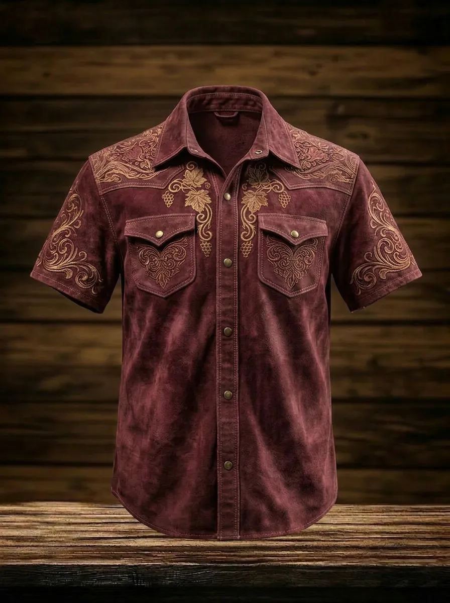 Men's Western Style Floral Vine Embroidered Printed Shirt
