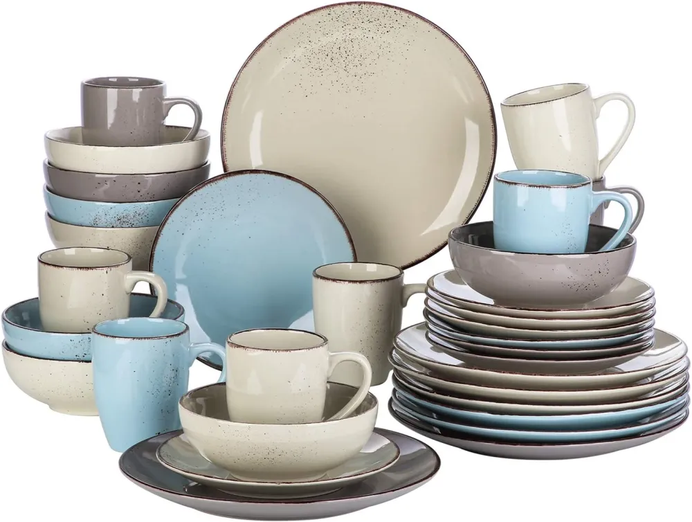 vancasso Navia Ceramic Dinnerware Set, 48 pieces Set of 12 Stoneware Spray Spot Patterned Service Dish with Dinner Plates, Salad Plates, Bowls, Mugs - Grey