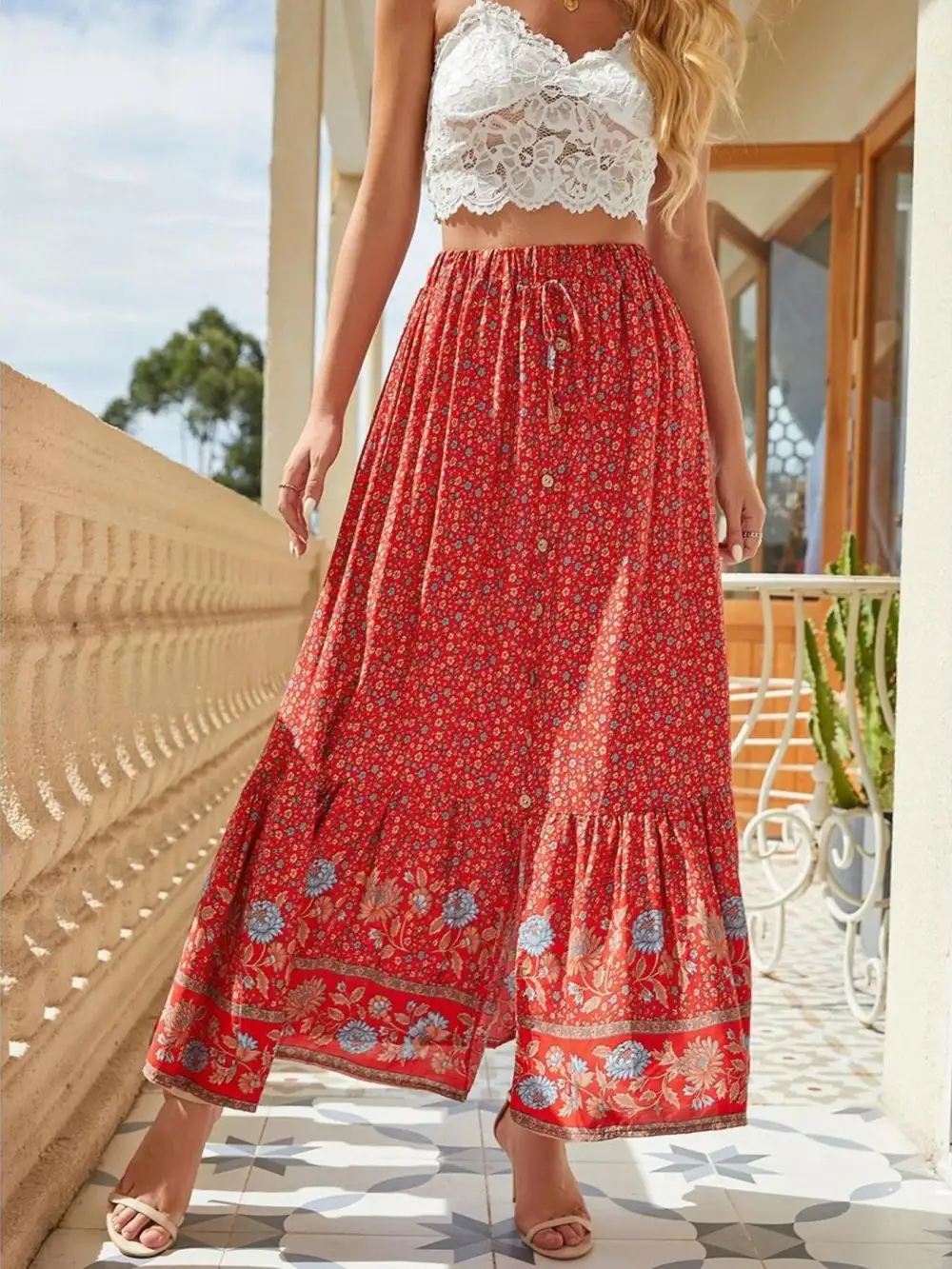 Floral Side Slit Skirt