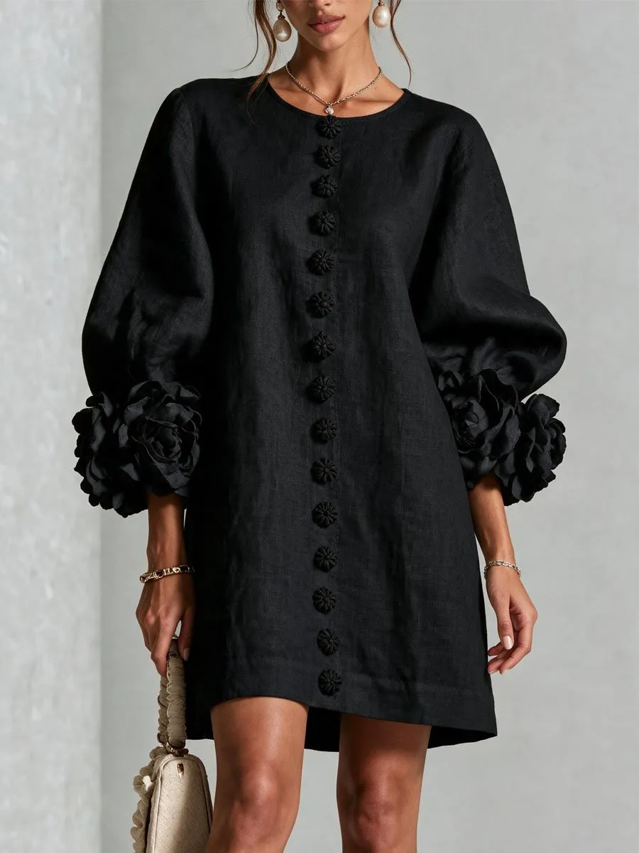 Elegant 3D Floral Button-Front Mini Dress With Striking Floral Cuffs