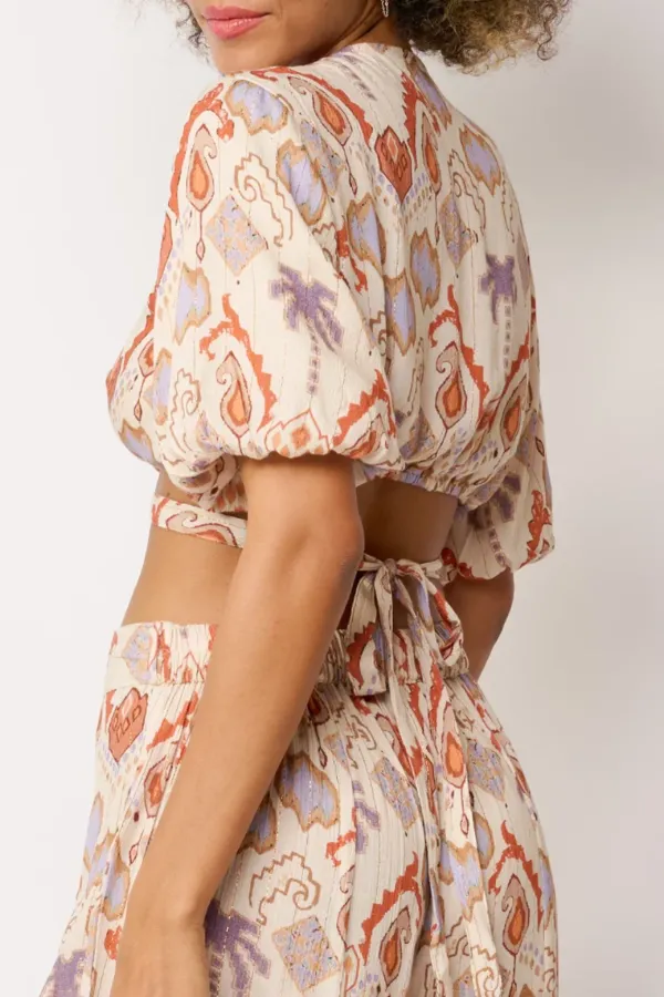 Peach Toned Paisley Print Wrap Crop Top