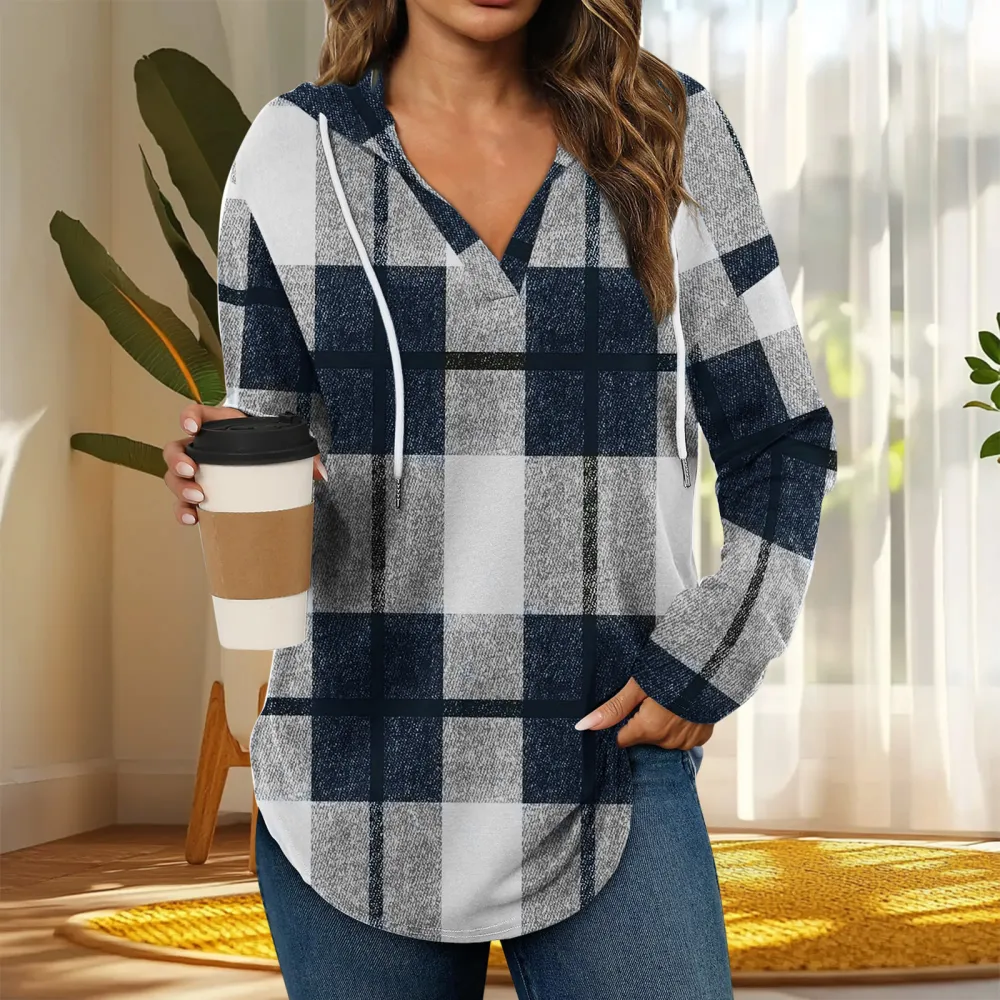 V-Neck Adjustable Drawstring Casual Plaid Long Sleeve