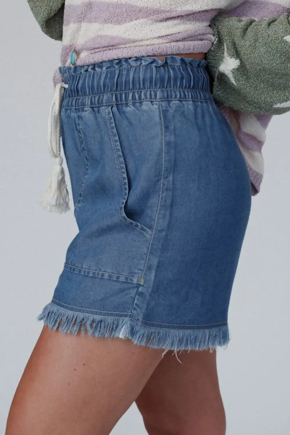 Raw Hem Drawstring High Waist Denim Shorts With Pockets